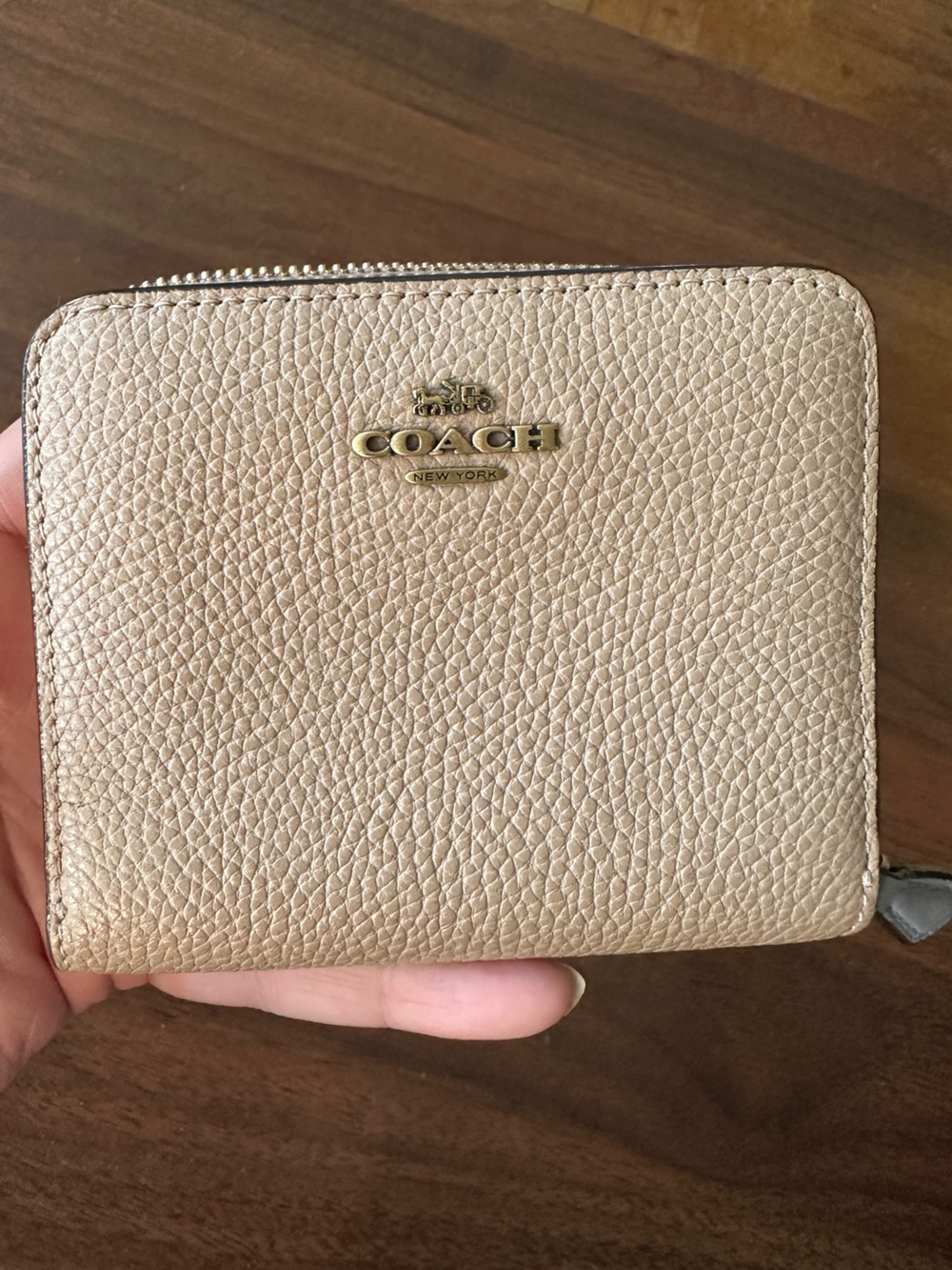 Coach medium  Pebbled Leather Zip Wallet in Taupe Brown with Gold Logo